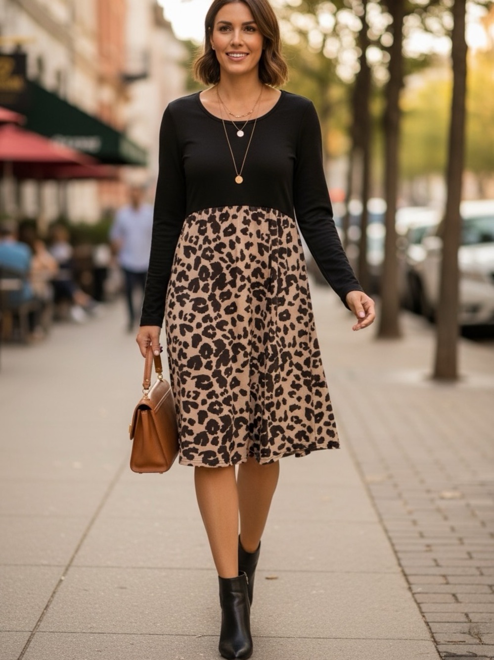 👛 2/$30 BOMBOM Black & Animal Print Long Sleeved Stretchy Dress, Medium